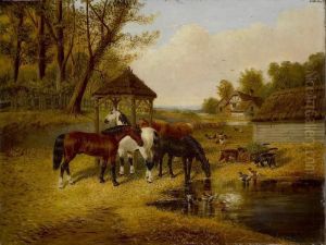 Pferde, Ziegen, Huhner Und Enten An Einem Teich Vor Einem Bauernhaus