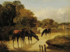Horses Watering By The River Bend