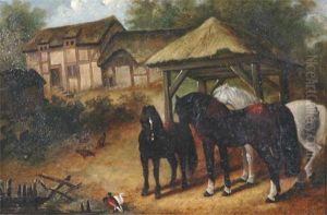 Farmyard Scene With Horses, Chickens & Ducks by John Frederick Herring Snr