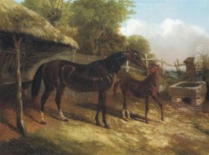 A Bay Mare And Her Foal, Outside A Field Shelter by John Frederick Herring Snr