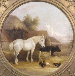 A Farmyard Scene With Horse, Chickens And Cow by John Frederick Herring Snr