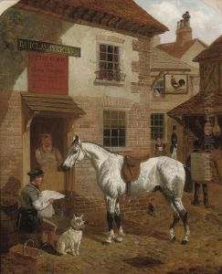 Figures And A Grey Stallion Before The Cock Inn by John Frederick Herring Snr