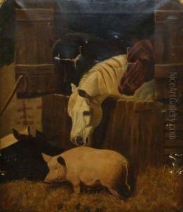 Three Horses At A Stable Door With Pigs By