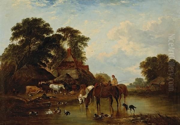 Cattle And Pigs In A Farmyard With Threehorses Watering In The Foreground - view 1