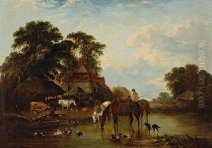 Cattle And Pigs In A Farmyard With Threehorses Watering In The Foreground by John Frederick Herring Snr
