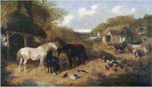 Cattle, Pigs, Ducks, Chickens And Horses In A Farmyard by John Frederick Herring Snr