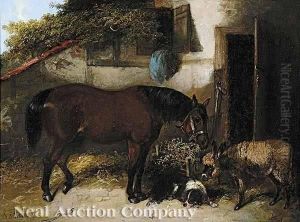 A Barnyard Scene With Horse, Sheep And Border Collie by John Frederick Herring Snr