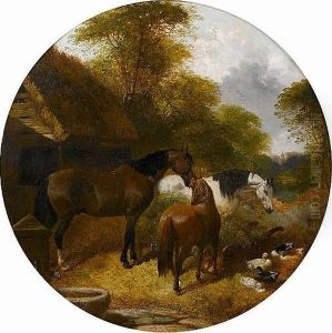 Horses At A Trough; Horses With Chickens by John Frederick Herring Snr