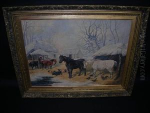 Junior Farmyard With Horses, Pigs And Poultry In The Snow by John Frederick Herring Snr
