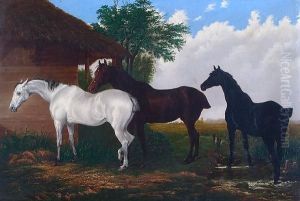 A Bay And Gray Mare With Black Foal, Beside A Thatched Farm Building by John Frederick Herring Snr