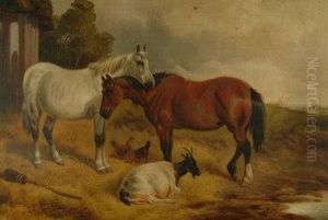 A Grey And A Bay, Recumbent Goat And Hens In A Meadow Beside A Thatched Barn