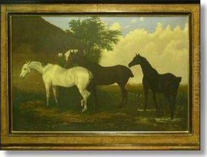 Three Horses By A Barn In A Landscape