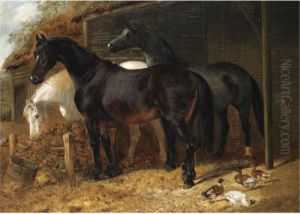 Horses In A Stable Yard With Ducks by John Frederick Herring Snr