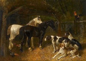 Farmyard Scene With Horses And Dogs by John Frederick Herring Snr