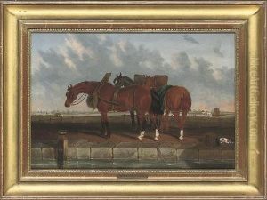Barge Horses By A Canal With An Estuary Beyond by John Frederick Herring Snr