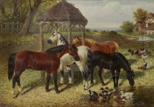 Horses Feeding And Drinking With Ducks And Chickens by John Frederick Herring Snr