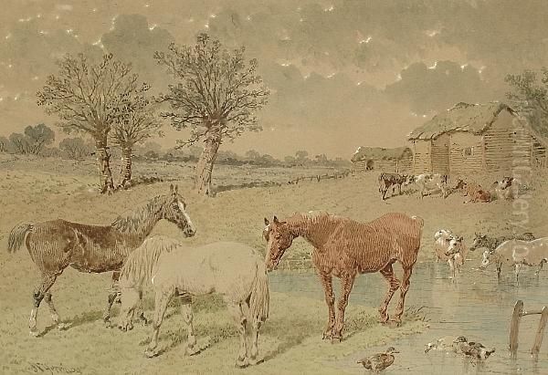 Farmyard Scene With Horses, Cows
 And Ducks; Winter Farmyard Scene With Horses, Pigs And Chickens - view 1