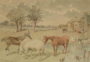 Farmyard Scene With Horses, Cows
 And Ducks; Winter Farmyard Scene With Horses, Pigs And Chickens by John Frederick Herring Snr