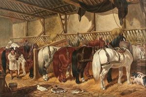 Stable Scene With Farm Horses Feeding, Ducks And Pigs by John Frederick Herring Snr