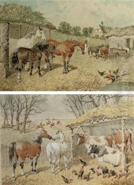 Horses, Cattle, Pigs And 
Chickens In A Byre With A Hunt Beyond; And Horses And Chickens By A 
Farmyard Pond - view 1