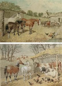 Horses, Cattle, Pigs And 
Chickens In A Byre With A Hunt Beyond; And Horses And Chickens By A 
Farmyard Pond by John Frederick Herring Snr