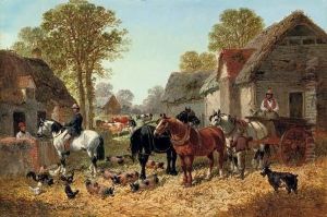 Draught Horses And A Cart, With 
Figures, Pigs And A Goat In A Farmyard, Cows In A Pasture Beyond