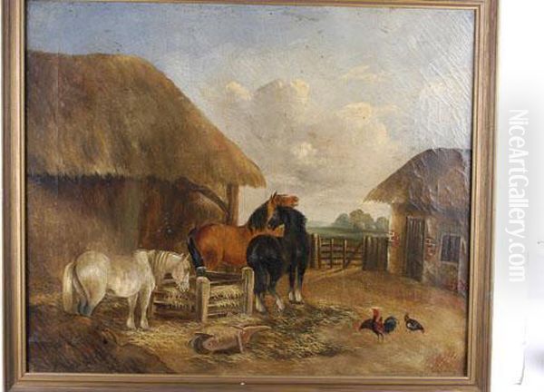 Horses And Chicken In A Farmyard - view 1