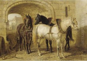 Horses In The Stable Yard by John Frederick Herring Snr