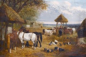 A Farmyard Scene With Horses, Cattle And Pigs