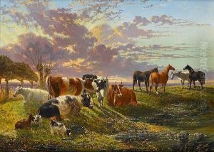 Cattle, Goats And Horses Beside A Stream At Sunset