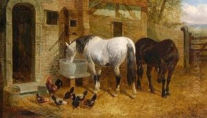 Horses And Chickens Before A Stable