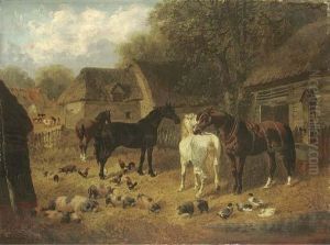 Horses, Pigs And Ducks Outside A Stable