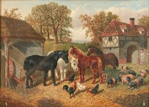 Farmyard Scene With Horses, Pigs And Chickens by John Frederick Herring Snr