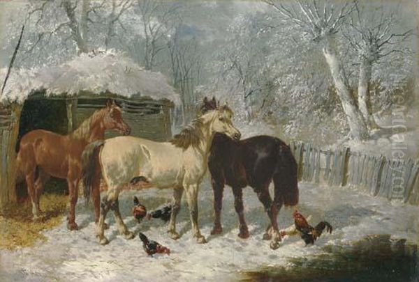 Horses And Chickens In The Snow - view 1