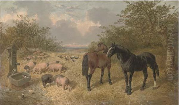 A Bay And A Black Horse, Pigs And Chickens Beside A Trough - view 1
