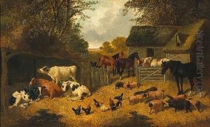 A Barnyard Scene With Horses, Cows, Chickens And Pigs