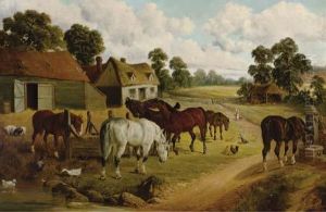 Horses And Fowl In A Farmyard by John Frederick Herring Snr