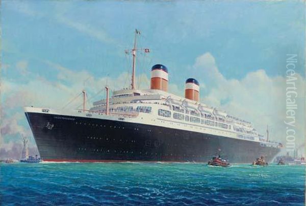 The United States Passenger 
Liner Independence Under Tug Escort And Outward Bound From New York With
 The Statue Of Liberty Off Her Starboard Bow - view 1