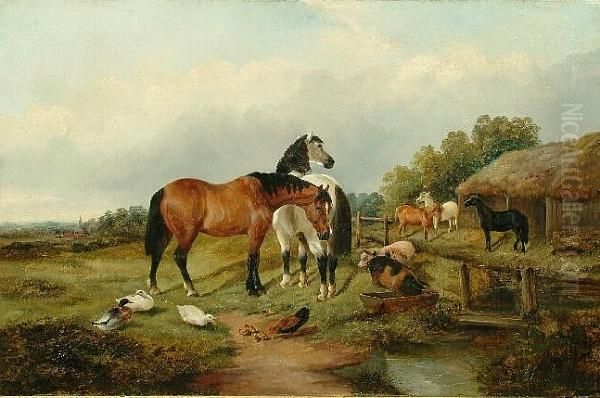 Horses And Pigs In A Farmyard, An Extensive Landscape Beyond - view 1