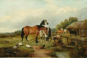 Horses And Pigs In A Farmyard, An Extensive Landscape Beyond