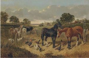 Horses And Chickens In A Farmyard by John Frederick Herring Snr