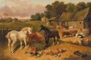 Horses, Cattle, Pigs, And Ducks, In A Farmyard, A Hunt Beyond