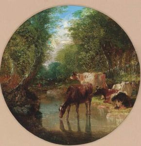 Cattle Watering In A Wooded Landscape by John Frederick Herring Snr