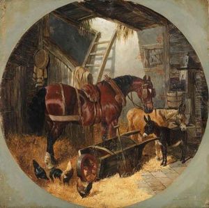 A Horse With Donkeys And Chickens In A Barn by John Frederick Herring Snr