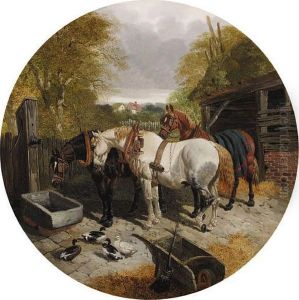 Horses At A Manger, With Ducks 
And Chickens, In A Farmyard; Andhorses At A Trough, With Ducks, On In A 
Foreground by John Frederick Herring Snr