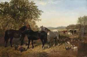 Horses, Pigs, Ducks And Cattle By A Farmyard Pond by John Frederick Herring Snr