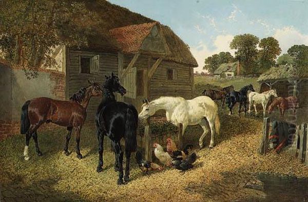 Horses And Chickens In A Farmyard - view 1