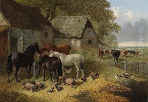 Horses, Cattle, Pigs, Chickens And Ducks In A Farmyard by John Frederick Herring Snr