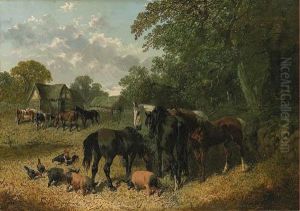 A Farmyard Scene With Horses, Cattle, Berkshire Saddlebacks Andchickens by John Frederick Herring Snr