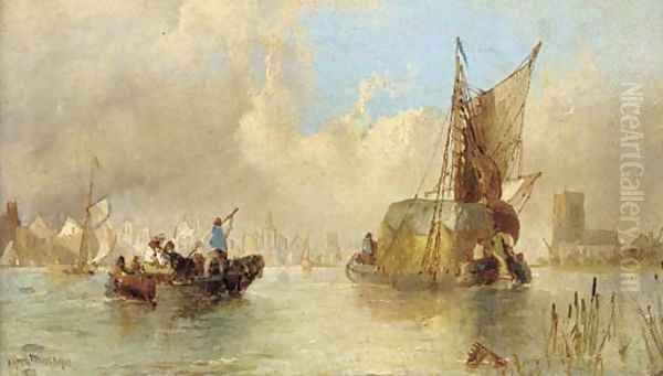 A hay barge and other vessels at a riverside town - view 1